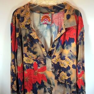 Johnny Was Swing Tee Tunic XL Red & Blue Floral Butterfly